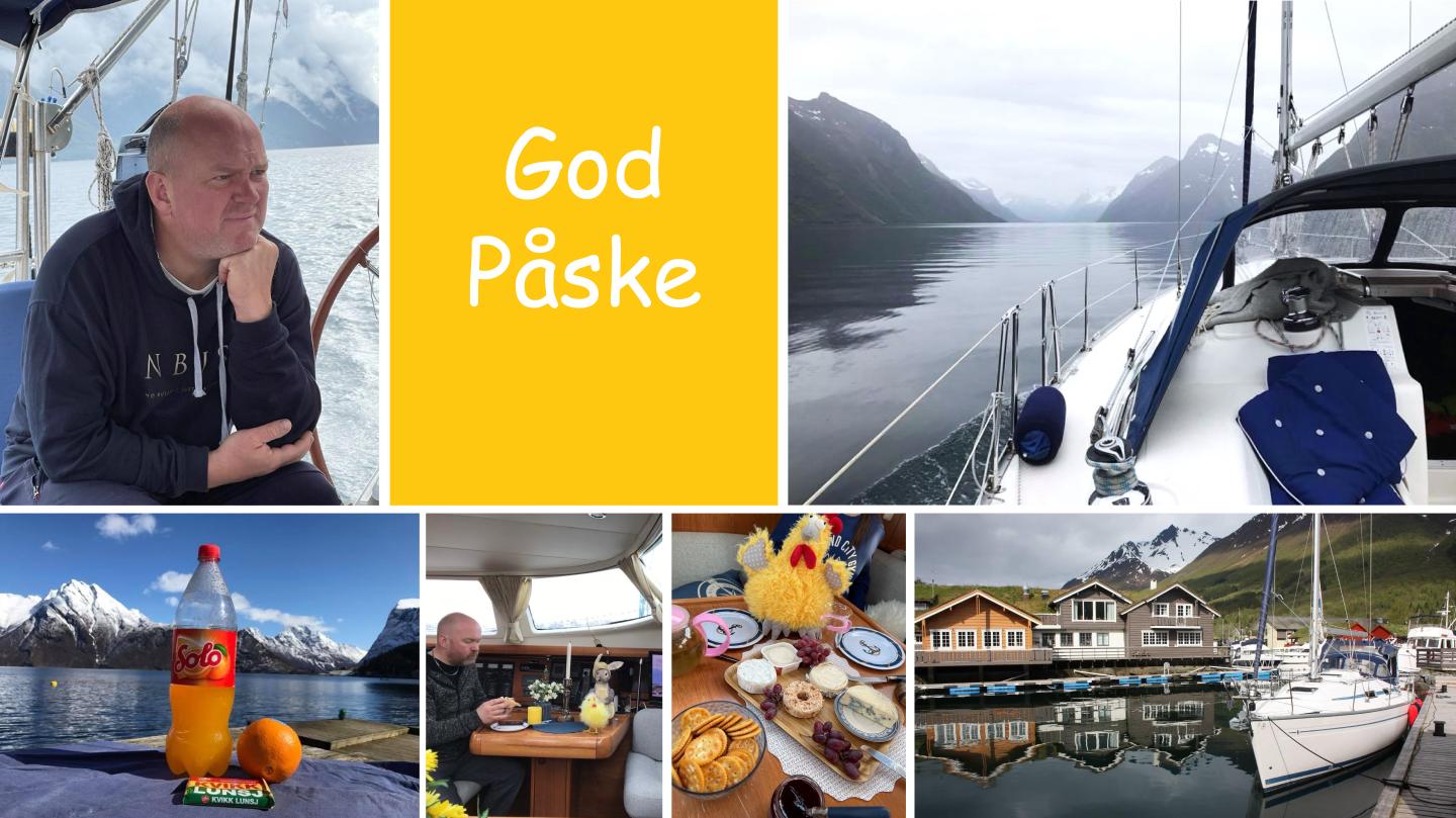 Enkelte bilder viser en mann på en båt, en fjord med fjell, en solbærtoddy og snacks, en finne som spiser, en påskeferie med påskekylling og ost, og hus ved vannet.