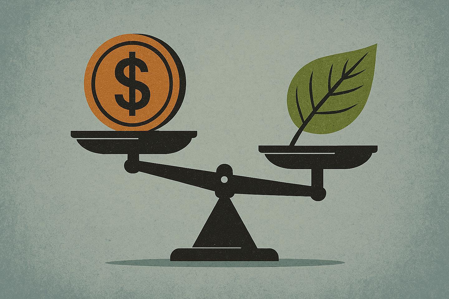 Vektskål med en mynt på ene siden og et blad på andre siden. Skal illustrere pris vs. bærekraft