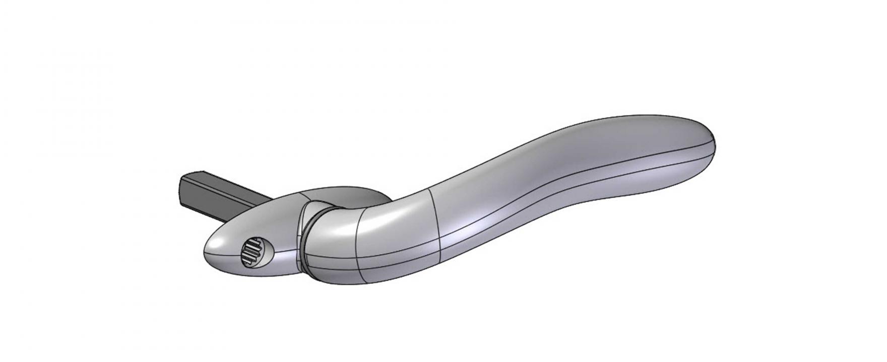 A sleek, curved silver door handle with a black latch on a plain white background.