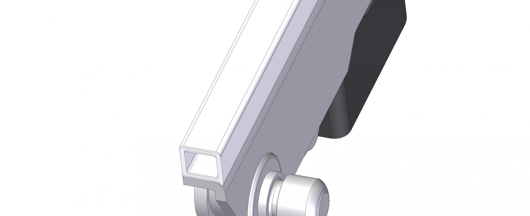 A metallic rectangular hollow profile attached to a rounded connector or attachment, set against a plain white background.